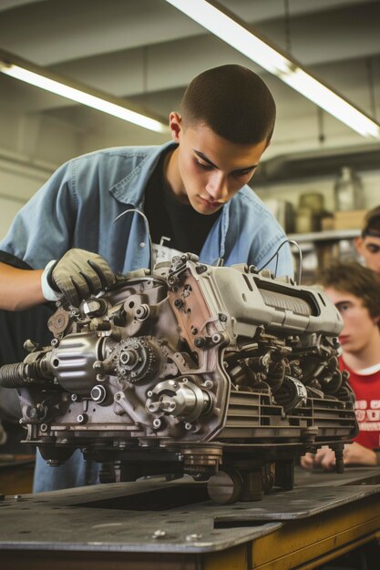 Niño aprende a arreglar un motor Estudiante aprendiz aprende el oficio Concepto de trabajo y aprendizaje Lección de taller de la escuela de mecánica Hombre trabaja en piezas de automóviles y aprende a reparar motores