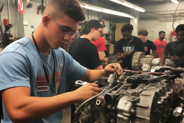 Foto niño aprende a arreglar un motor estudiante aprendiz aprende el oficio concepto de trabajo y aprendizaje lección de taller de la escuela de mecánica hombre trabaja en piezas de automóviles y aprende a reparar motores