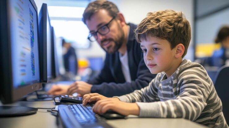 Foto un niño aprende con atención las habilidades informáticas junto a su padre que lo apoya en la escuela