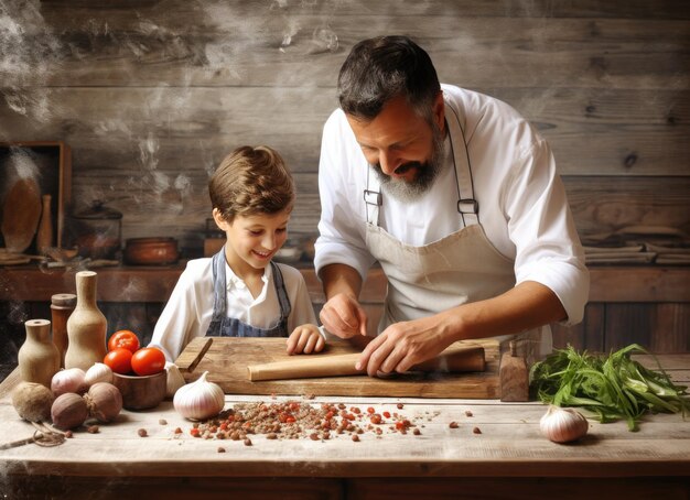 Un niño aprende a cocinar con su padre en una cocina rústica