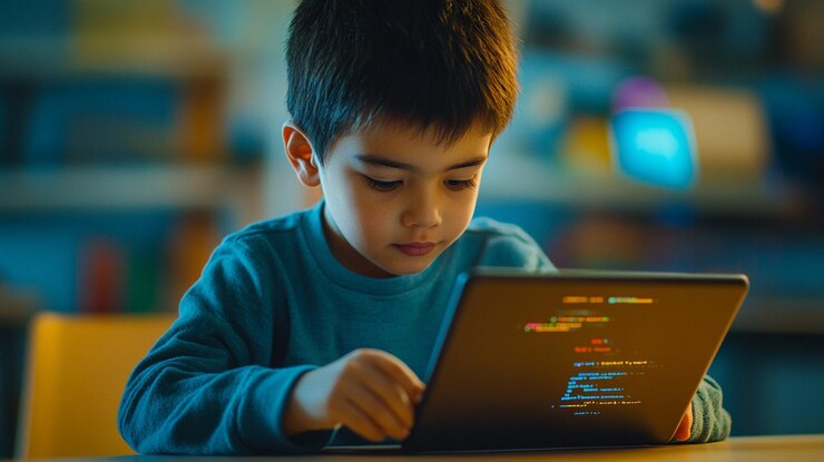 Foto niño aprende a codificar el desarrollo infantil en acción