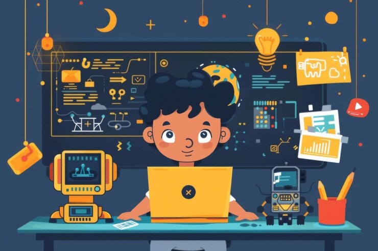 Foto niño aprende a codificar con un kit robótico
