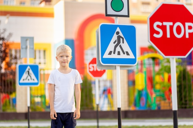 Un niño aprende a cruzar la calle en un paso de peatones.