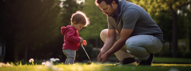 Foto un niño aprende a jugar al golf con un entrenador en el campo