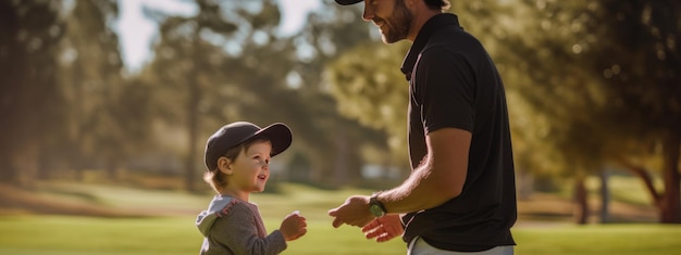 Foto un niño aprende a jugar al golf con un entrenador en el campo