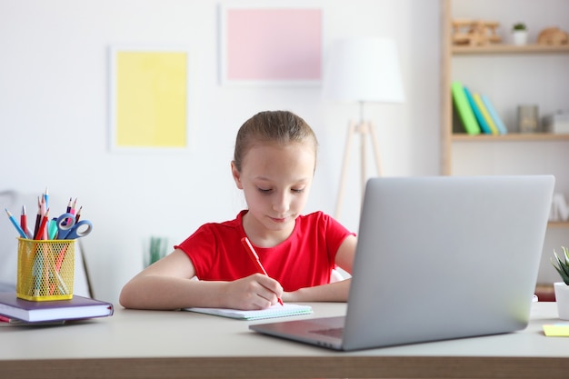 Un niño aprende en línea en casa a través de una computadora portátil moderna en Internet