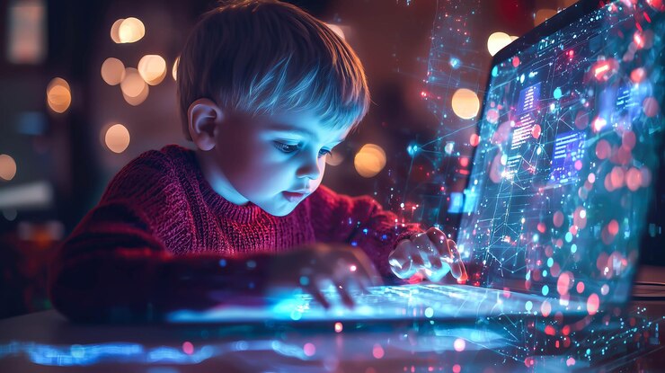 Foto un niño aprende en línea usando tecnología futurista generative ai