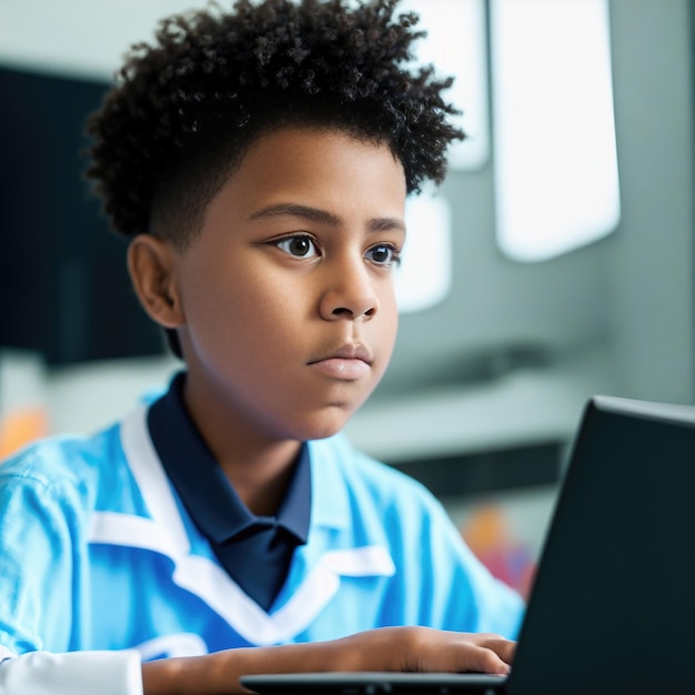 Niño aprendiendo a codificar usando una computadora portátil en el arte generativo de la escuela por AI