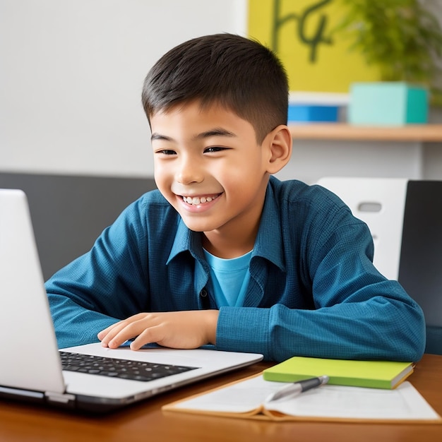 un niño aprendiendo con una computadora portátil generada por IA