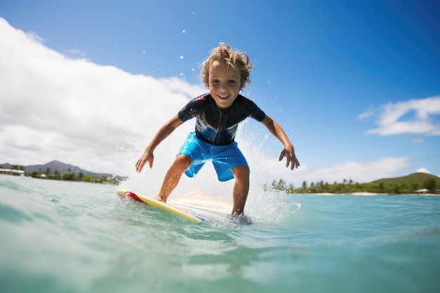 Niño aprendiendo a surfear