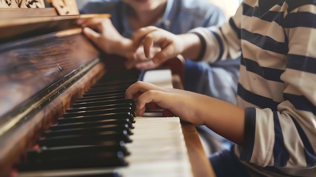 Foto un niño está aprendiendo a tocar el piano con la ayuda de su hermano mayor