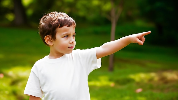 Foto un niño apuntando a algo con su brazo apuntando