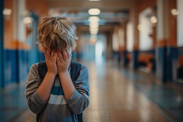 Foto niño en apuros manos cubriendo su cara mientras estaba solo generativo ai