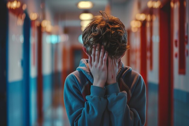 Foto niño en apuros manos cubriendo su cara mientras estaba solo generativo ai