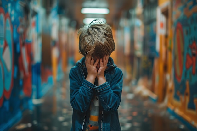 Foto niño en apuros manos cubriendo su cara mientras estaba solo generativo ai