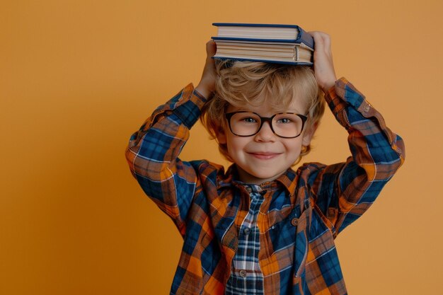 Foto niño arafed con gafas sosteniendo una pila de libros en su cabeza generativo ai