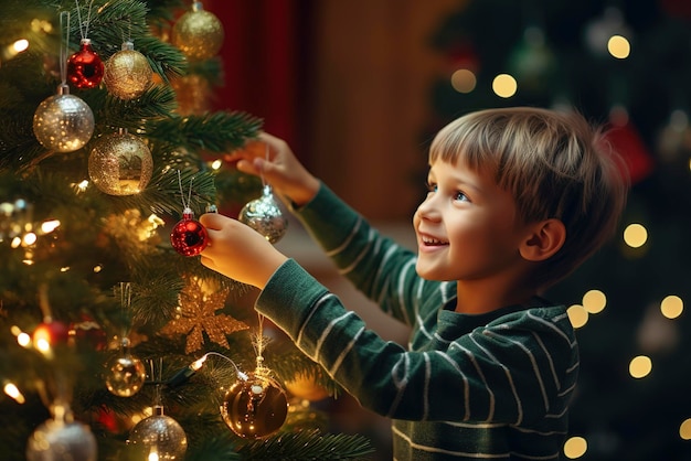 Niño arreglando adornos en el árbol de Navidad