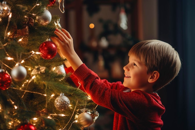 Niño arreglando adornos en el árbol de Navidad