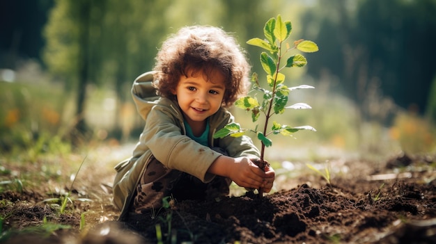 Niño se arrodilla para plantar un árbol Educación ambiental y concepto de conservación