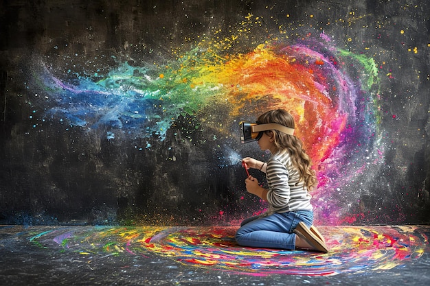 Foto un niño artista pinta mientras lleva un auricular de realidad virtual