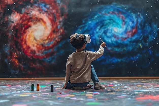 Un niño artista pinta mientras lleva un auricular de realidad virtual