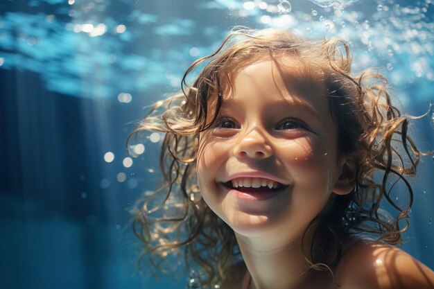 un niño de ascendencia europea nadando felizmente bajo el agua