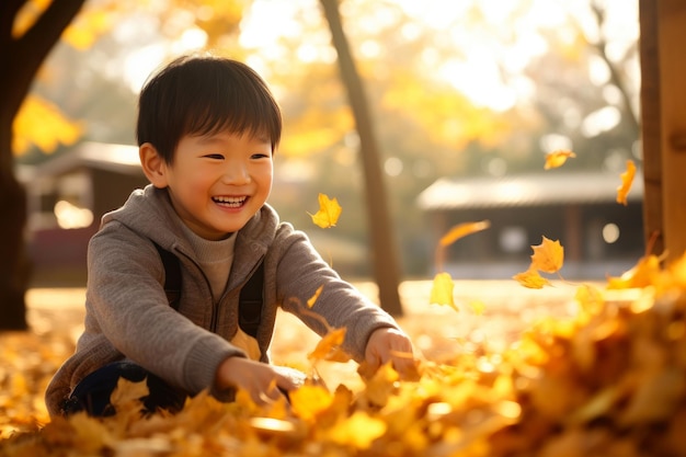 Un niño asiático alegre en medio del follaje de otoño