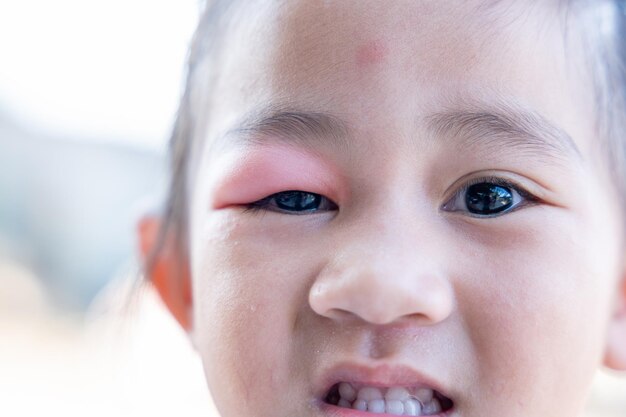 Foto niño asiático cerrado niña ojo con orzuelo