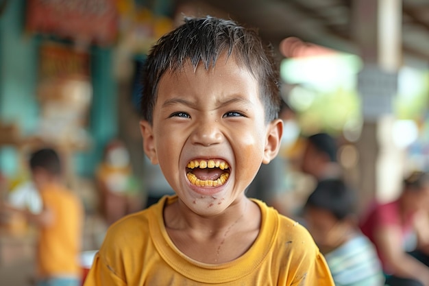 Niño asiático con dientes podridos y sonriente.