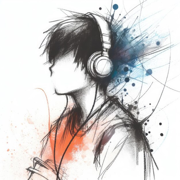 Niño asiático disfrutando de la música usando auriculares ilustración con IA generativa