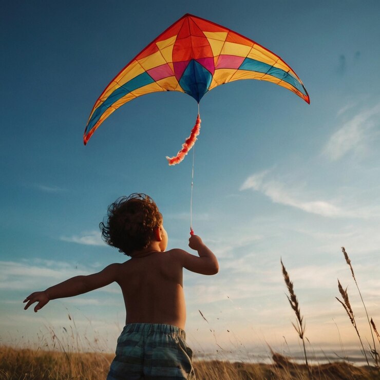 Niño asiático divirtiéndose volando una cometa en la naturaleza