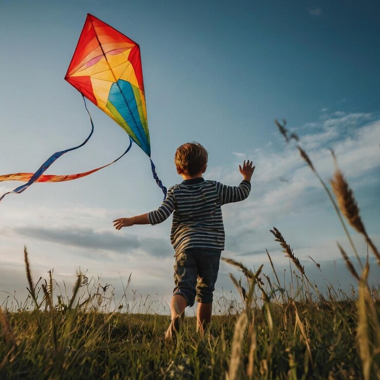 Niño asiático divirtiéndose volando una cometa en la naturaleza