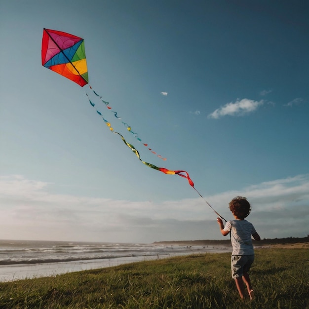 Niño asiático divirtiéndose volando una cometa en la naturaleza