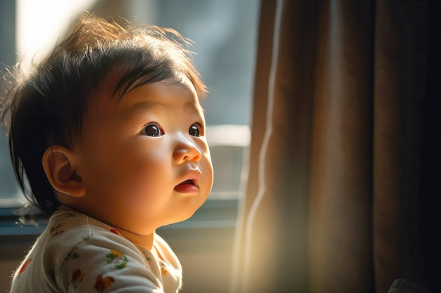 Niño asiático encantador aislado en una habitación con ventana y luz natural