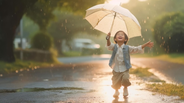 Un niño asiático feliz divirtiéndose jugando con la lluvia en la luz del sol de la noche.