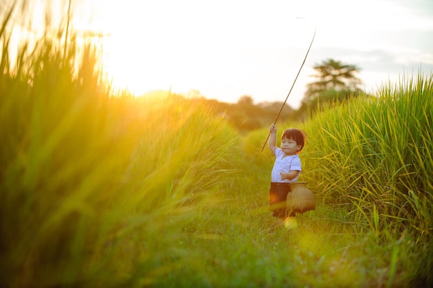 niño asiático en la granja natural antes del atardecer