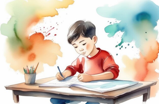 Niño asiático haciendo la tarea en la mesa acuarela ilustración educación de los niños.