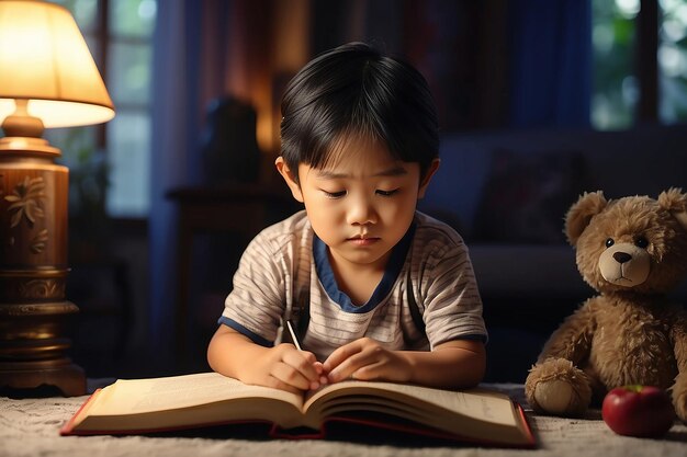 Niño asiático leyendo un libro en casa