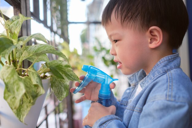 Niño asiático lindo del niño pequeño que se divierte usando la botella de aerosol que riega pothos de oro