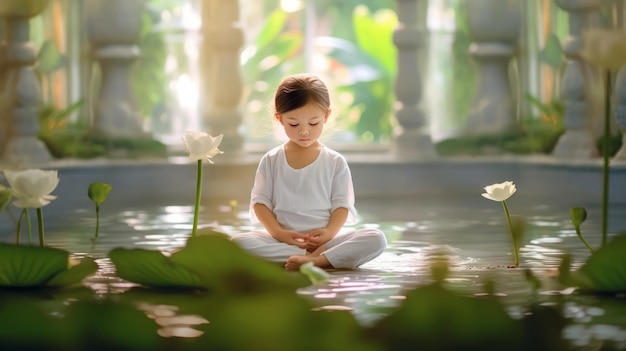 Niño asiático pacífico meditando junto a las hojas de loto