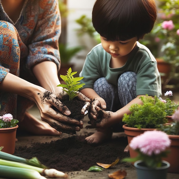 Niño asiático plantando una planta en el suelo