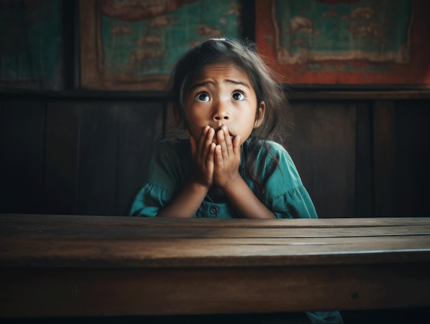 Niño asiático en pose dinámica emocional en la escuela