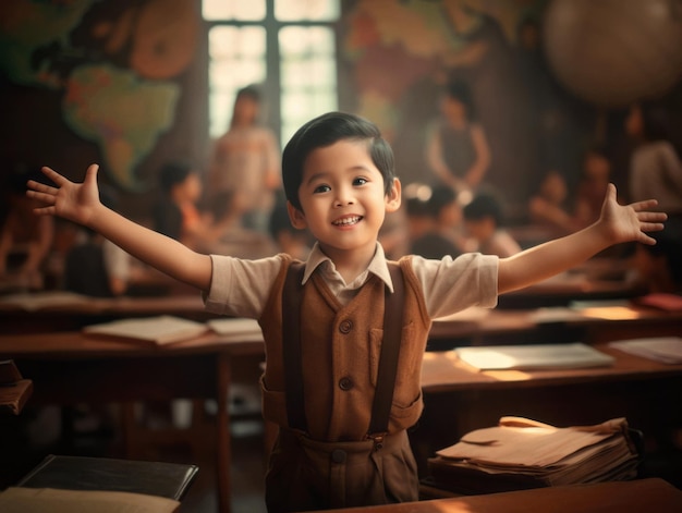 Niño asiático en pose dinámica emocional en la escuela