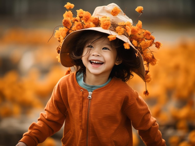 Niño asiático en pose dinámica emocional sobre fondo de otoño