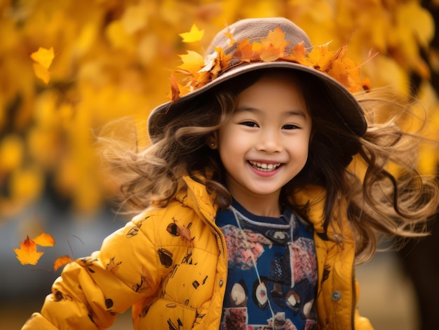 Niño asiático en pose dinámica emocional sobre fondo de otoño