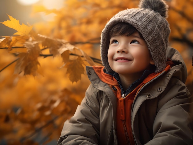Niño asiático en pose dinámica emocional sobre fondo de otoño