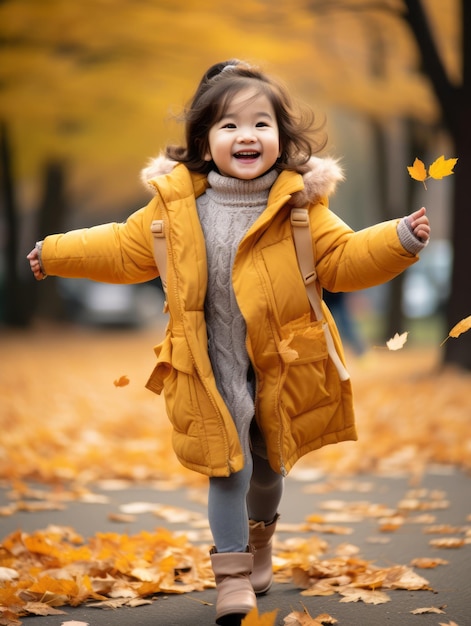 Niño asiático en pose dinámica emocional sobre fondo de otoño