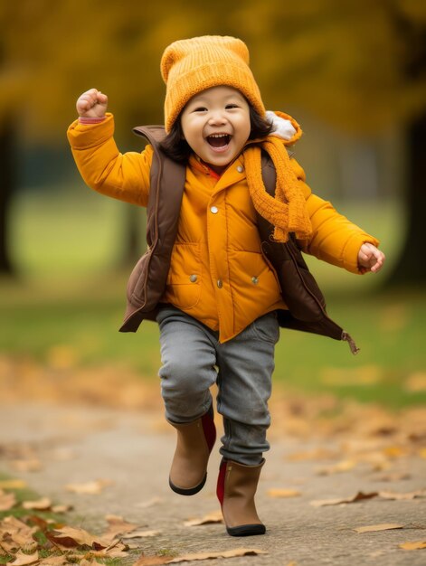 Niño asiático en pose dinámica emocional sobre fondo de otoño