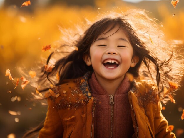 Niño asiático en pose dinámica emocional sobre fondo de otoño