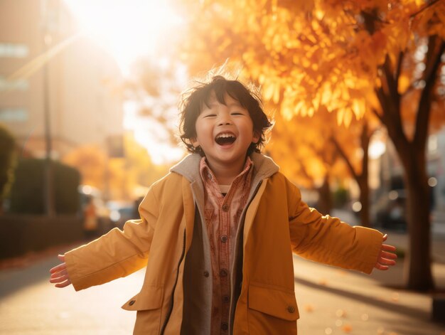 Niño asiático en pose dinámica emocional sobre fondo de otoño